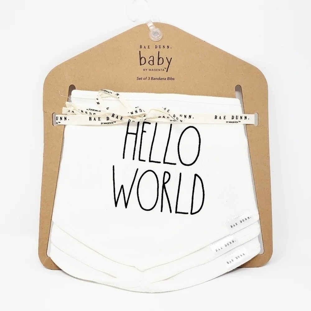 RAE DUNN Hello World bib set bandana style